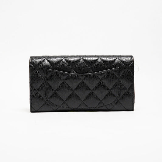 CHANEL 經典金色雙C LOGO菱格荔枝紋牛皮釦式長夾