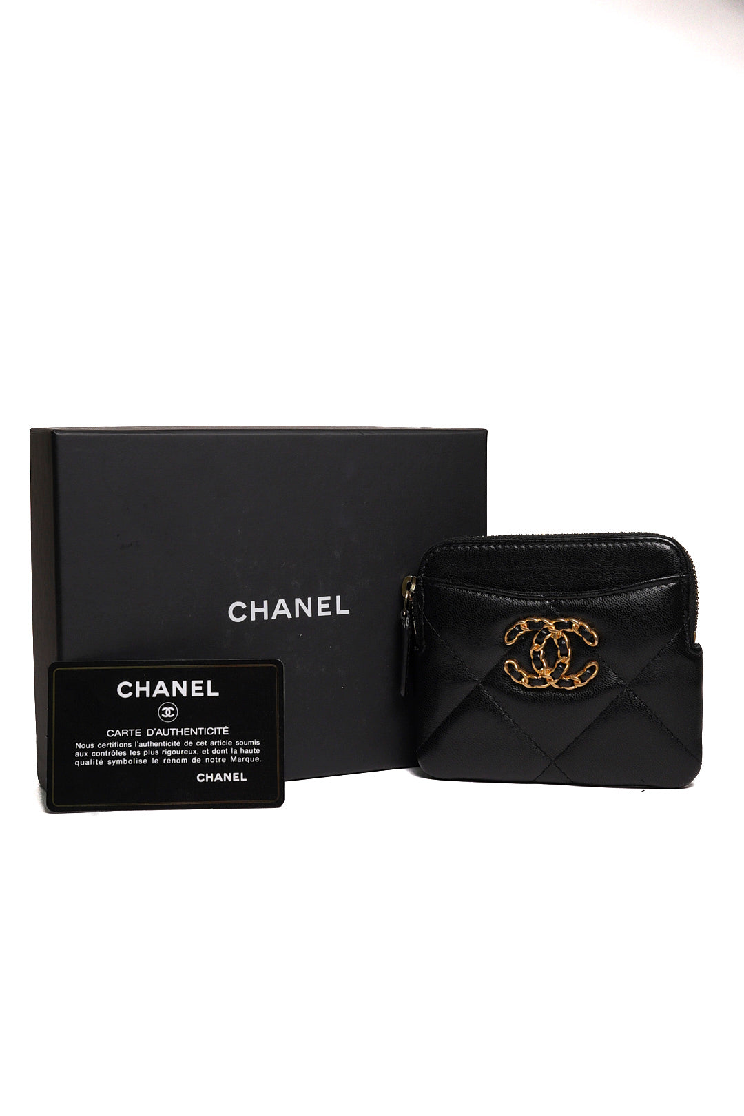 CHANEL 19 雙C 方形拉鍊卡片零錢包 (黑色 x 復古金釦)
