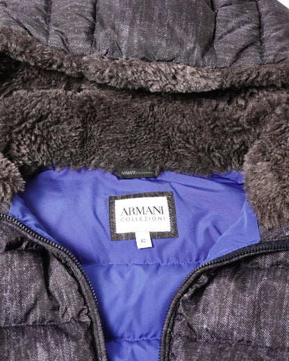 Armani 連帽仿舊單寧印花羽絨外套