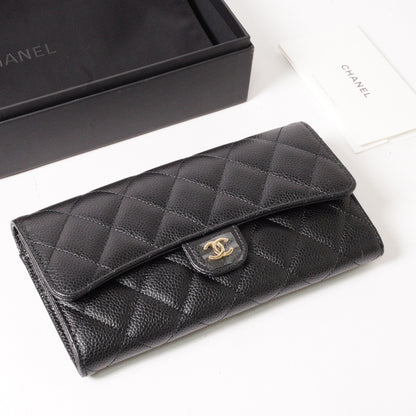 CHANEL  經典金色雙C LOGO菱格荔枝紋牛皮釦式長夾