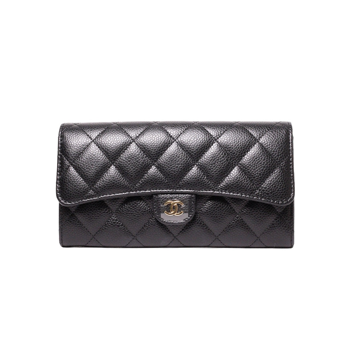 CHANEL  經典金色雙C LOGO菱格荔枝紋牛皮釦式長夾