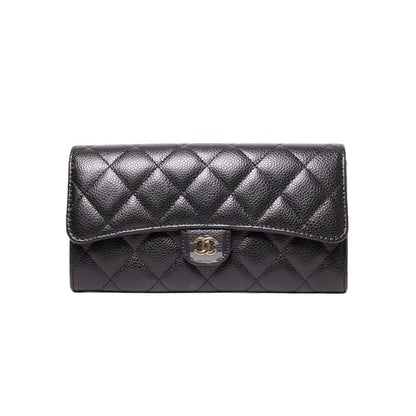 CHANEL  經典金色雙C LOGO菱格荔枝紋牛皮釦式長夾