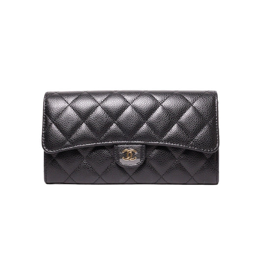 CHANEL  經典金色雙C LOGO菱格荔枝紋牛皮釦式長夾