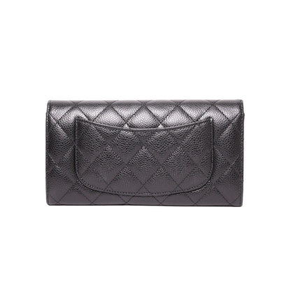 CHANEL  經典金色雙C LOGO菱格荔枝紋牛皮釦式長夾