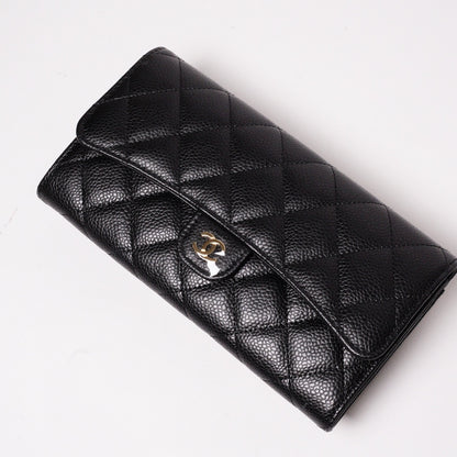 CHANEL  經典金色雙C LOGO菱格荔枝紋牛皮釦式長夾