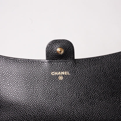 CHANEL  經典金色雙C LOGO菱格荔枝紋牛皮釦式長夾