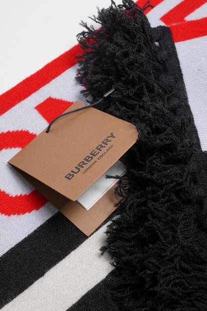 Burberry 羊毛英文LOGO圍巾（紅白條紋）