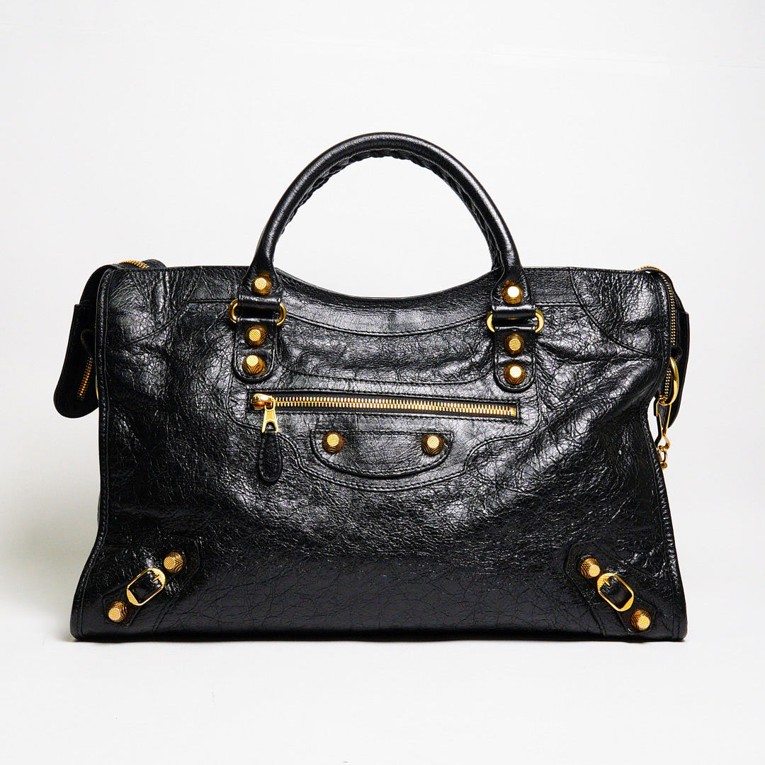 Balenciaga City中號 黑金機車包