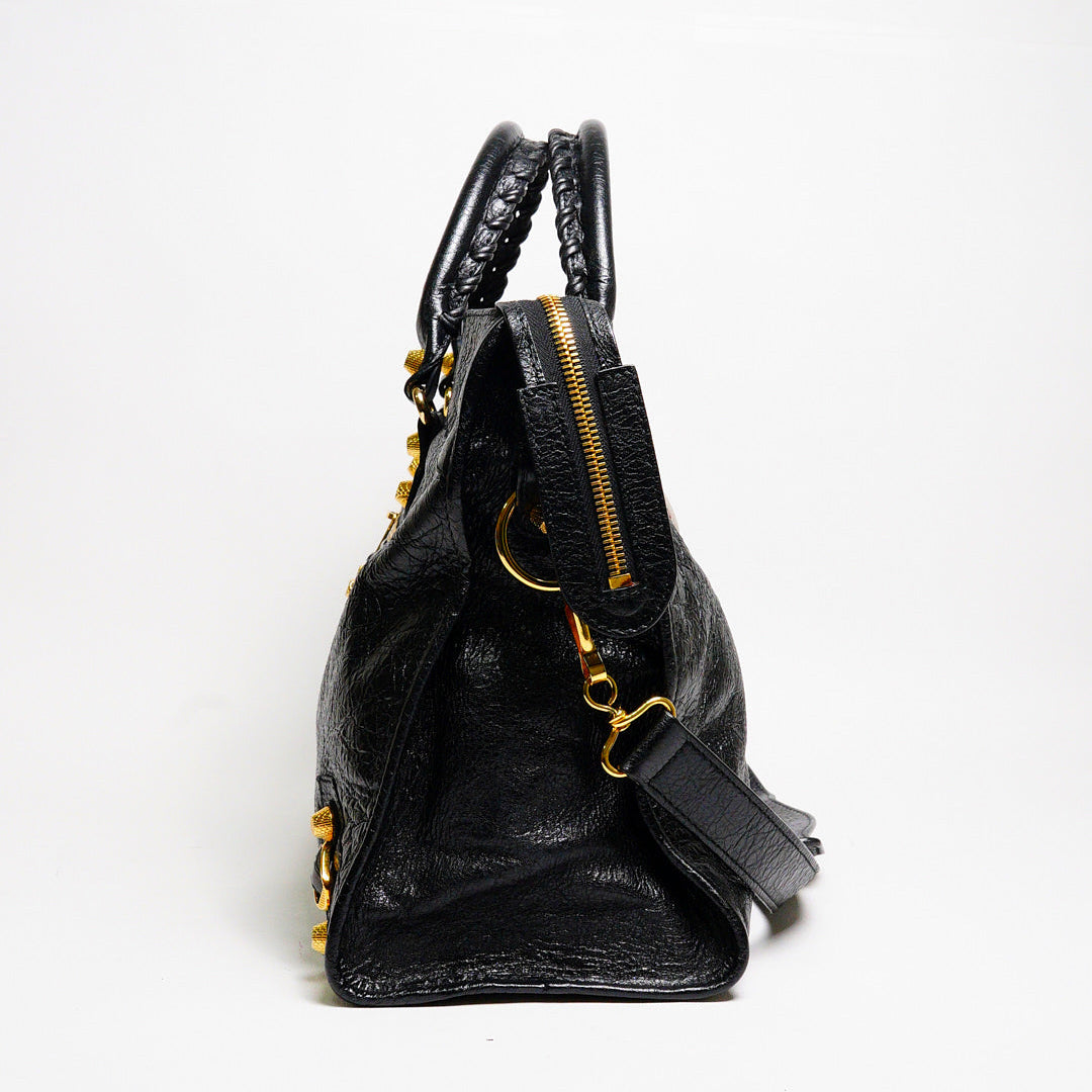 Balenciaga City中號 黑金機車包