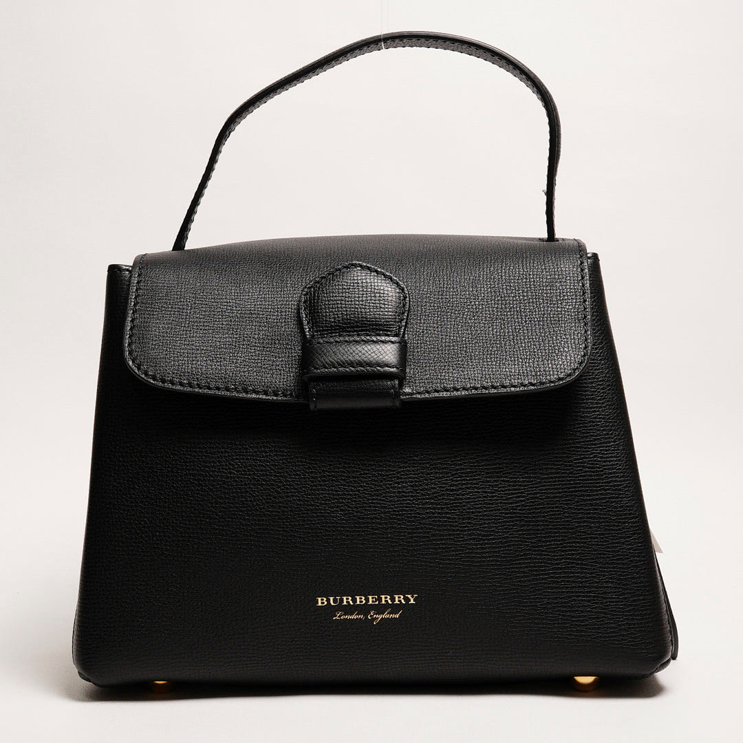 BURBERRY Camberley經典格紋帆布拼色 荔枝皮手提包（黑）