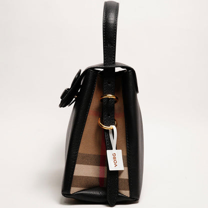 BURBERRY Camberley經典格紋帆布拼色 荔枝皮手提包（黑）