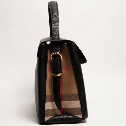 BURBERRY Camberley經典格紋帆布拼色 荔枝皮手提包（黑）