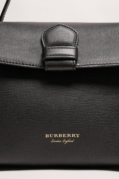 BURBERRY Camberley經典格紋帆布拼色 荔枝皮手提包（黑）