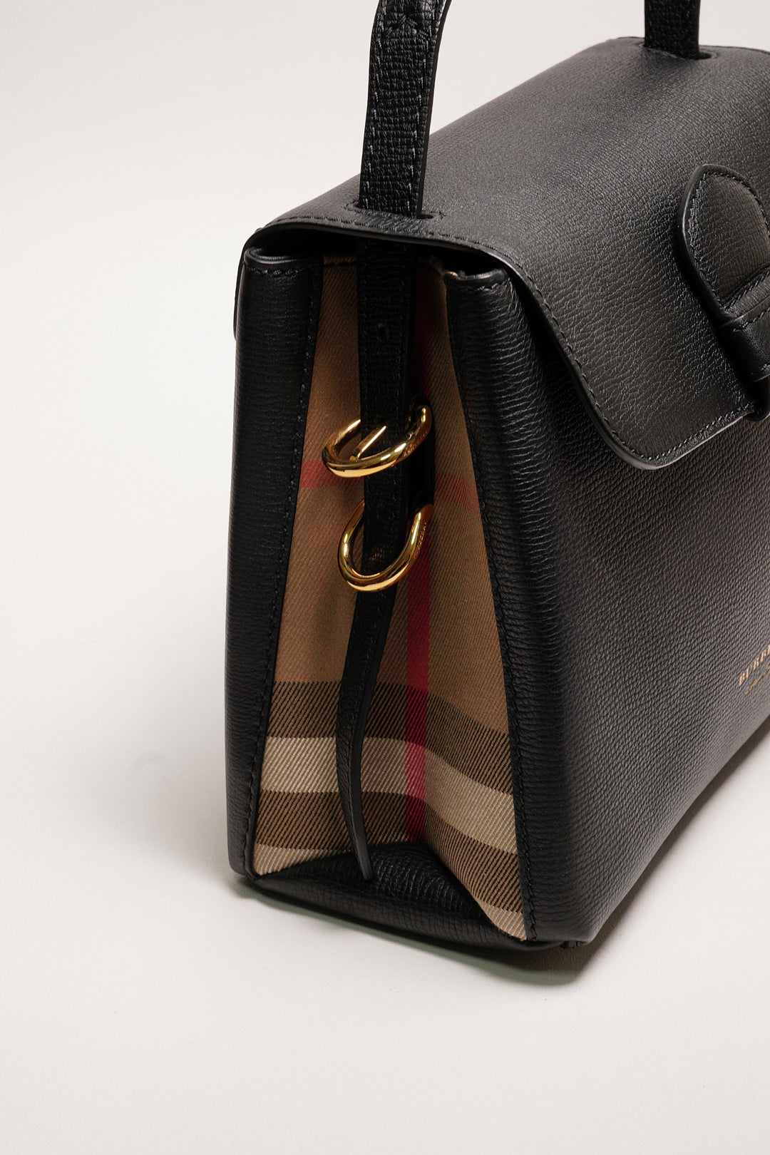 BURBERRY Camberley經典格紋帆布拼色 荔枝皮手提包（黑）