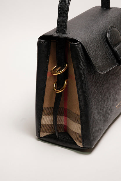 BURBERRY Camberley經典格紋帆布拼色 荔枝皮手提包（黑）