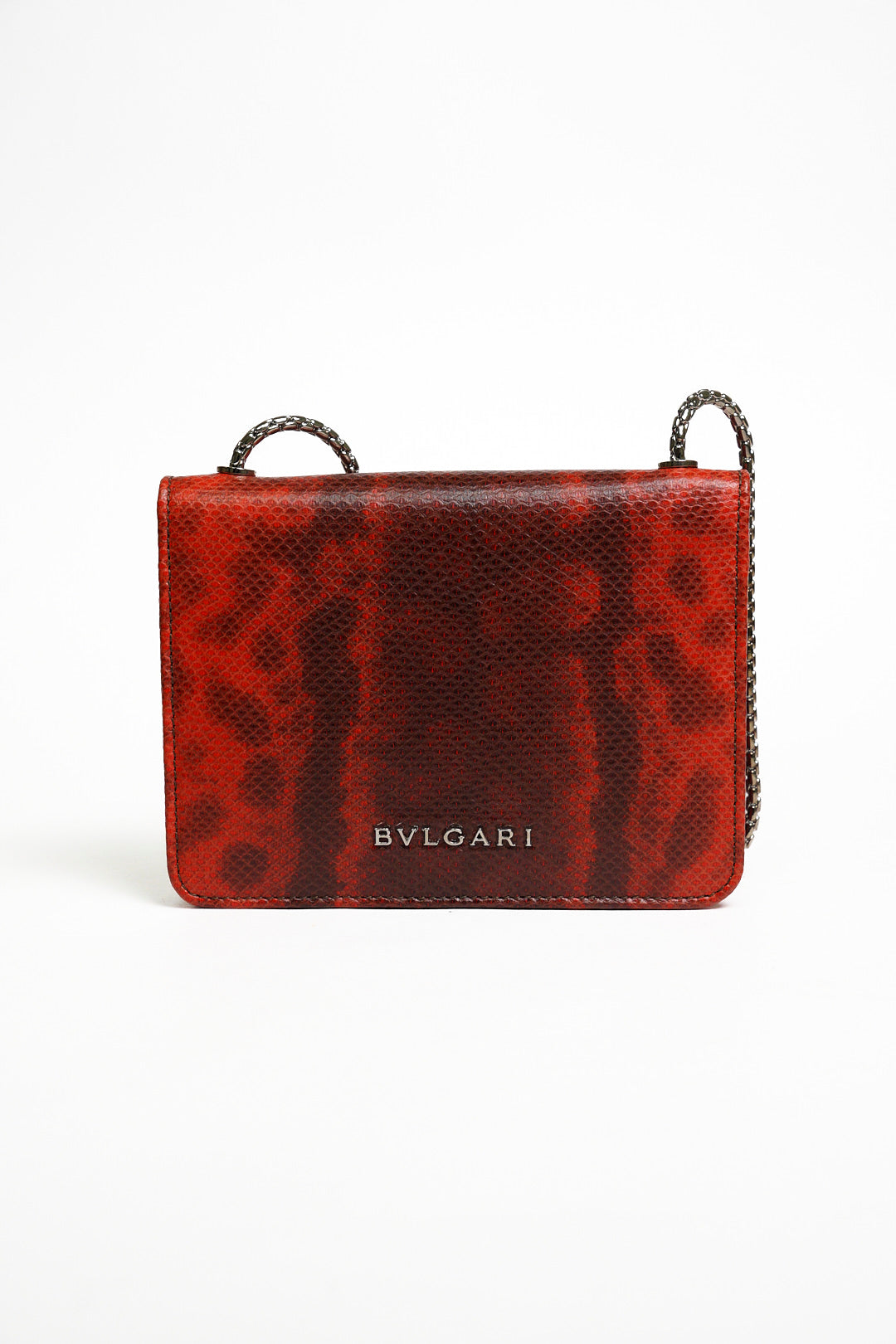 BVLGARI Serpenti Forever 蛇頭扣環水蛇皮斜背包-橘紅