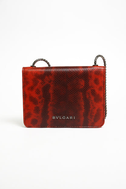BVLGARI Serpenti Forever 蛇頭扣環水蛇皮斜背包-橘紅