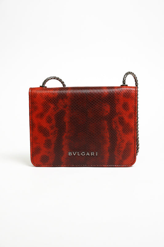 BVLGARI Serpenti Forever 蛇頭扣環水蛇皮斜背包 橘紅色