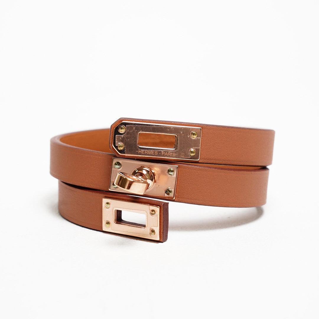 Hermès     Mini Kelly Double Tour bracelet 棕色配玫瑰金色