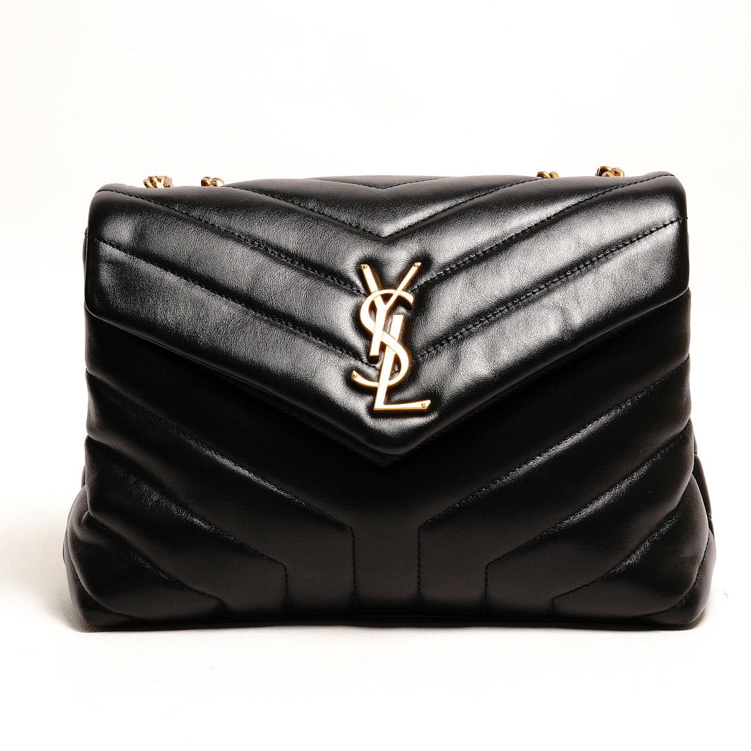 YSL LOULOU 黑金配色 小牛皮鏈條包（小號）