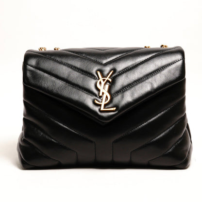 YSL LOULOU 黑金配色 小牛皮鏈條包（小號）