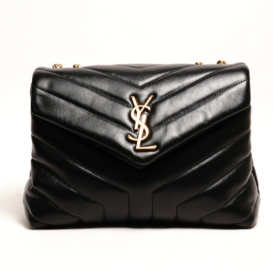 YSL LOULOU 黑金配色 小牛皮鏈條包（小號）