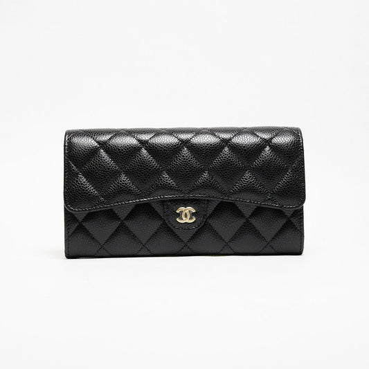 CHANEL  經典金色雙C LOGO菱格粒紋牛皮暗釦長夾