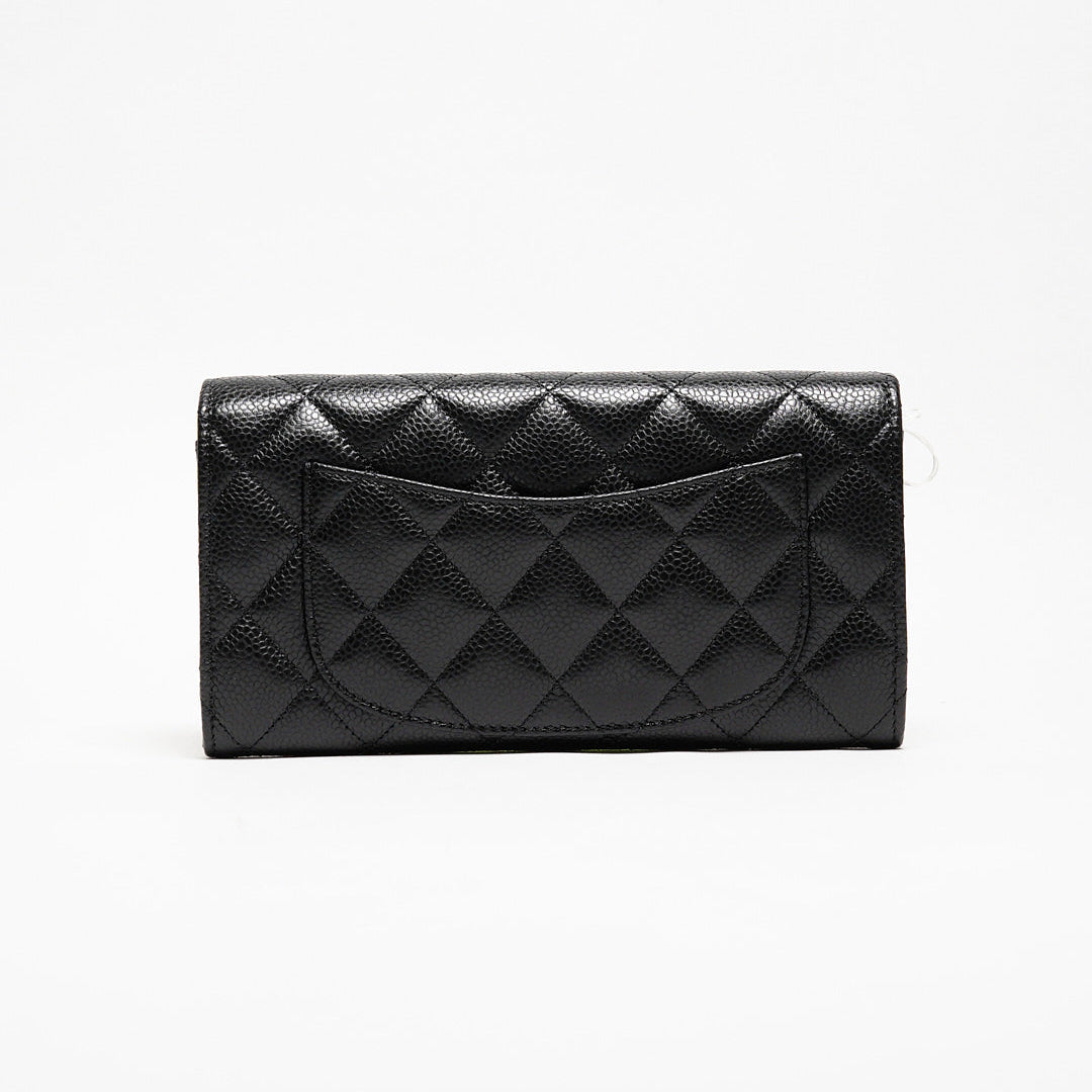 CHANEL  經典金色雙C LOGO菱格粒紋牛皮暗釦長夾