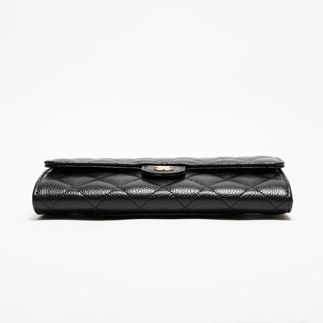 CHANEL  經典金色雙C LOGO菱格粒紋牛皮暗釦長夾