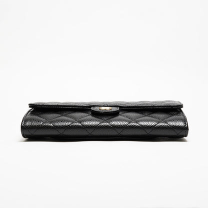 CHANEL  經典金色雙C LOGO菱格粒紋牛皮暗釦長夾