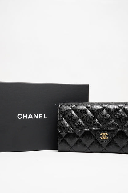 CHANEL  經典金色雙C LOGO菱格粒紋牛皮暗釦長夾
