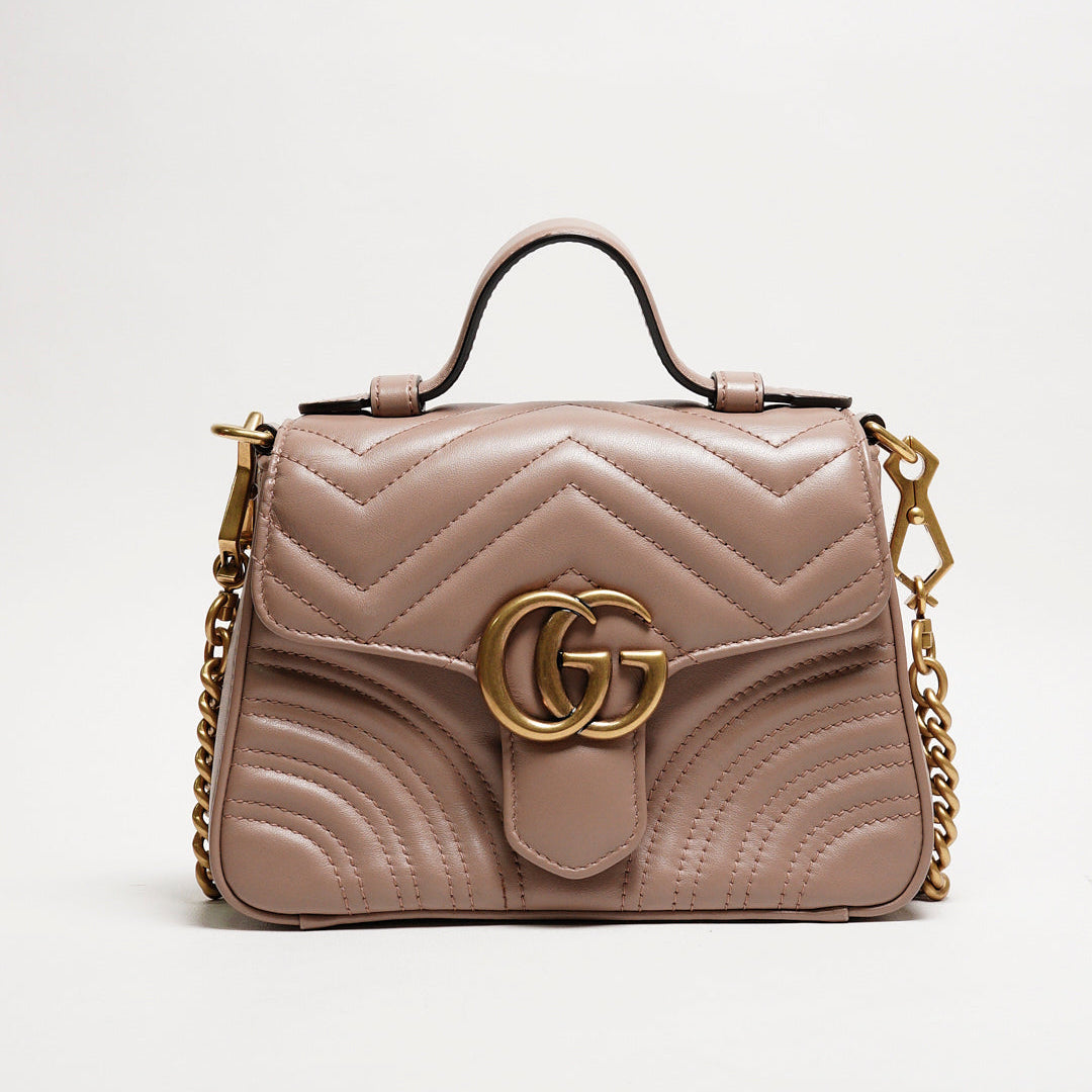 GUCCI GG Marmont 經典金屬雙G LOGO迷你手提兩用包(奶茶色）