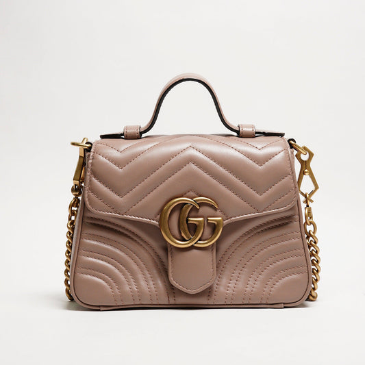 GUCCI GG Marmont 經典金屬雙G LOGO迷你手提兩用包(奶茶色）