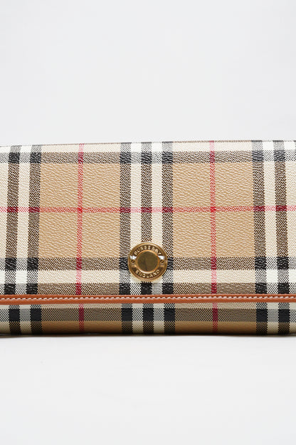 BURBERRY 浮雕LOGO格紋翻蓋長夾 (經典米色) WOC