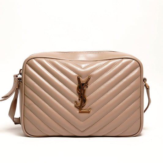YSL 牛皮金釦山形紋拉鍊相機包（奶茶色）