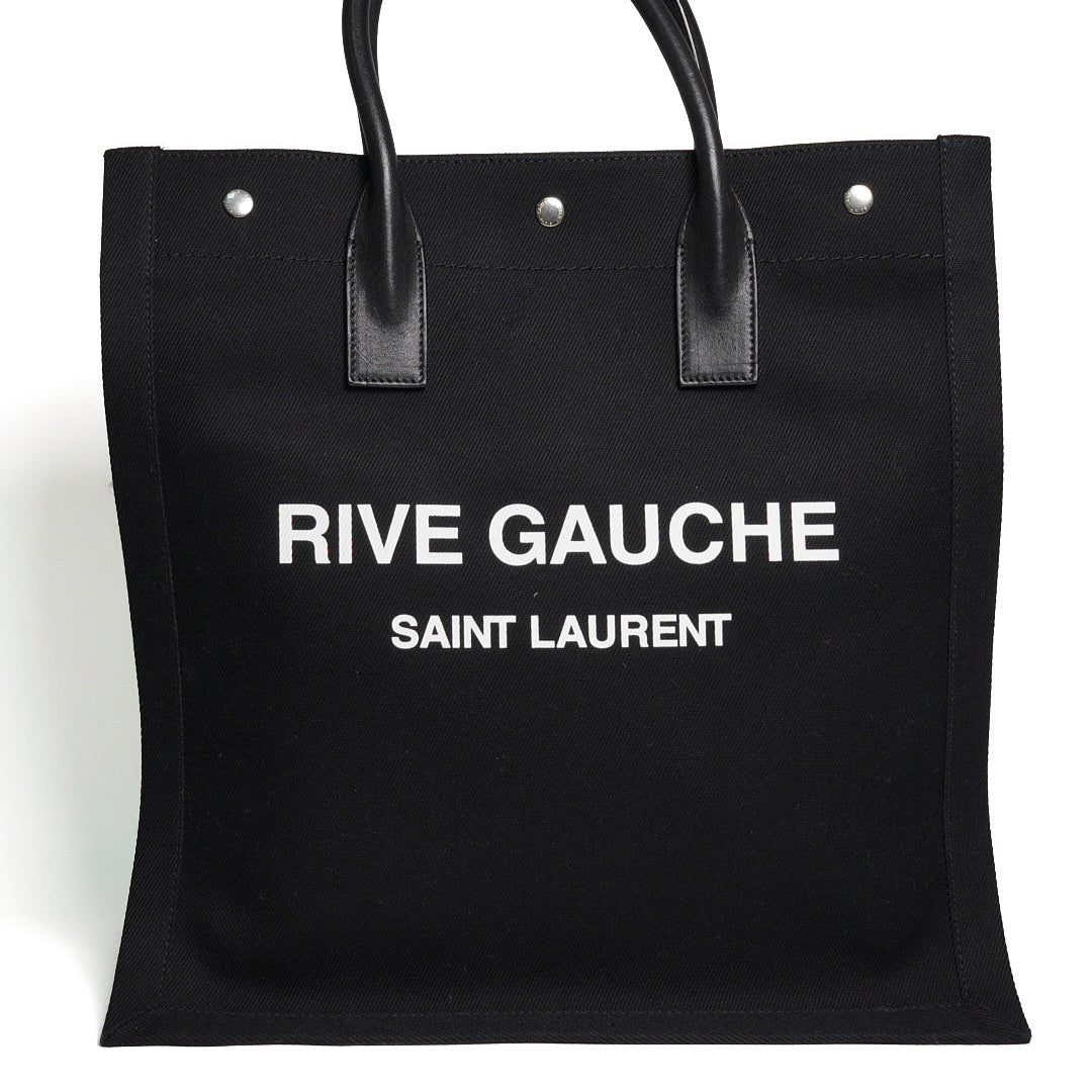 YSL Saint Laurent 黑色帆布 白色印花 拼皮 手提包 購物包 托特包