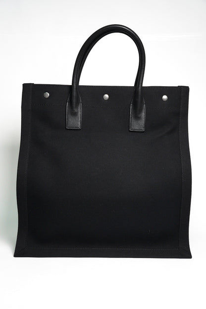 YSL Saint Laurent 黑色帆布 白色印花 拼皮 手提包 購物包 托特包