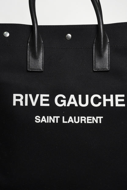 YSL Saint Laurent 黑色帆布 白色印花 拼皮 手提包 購物包 托特包