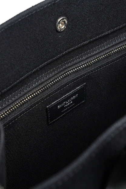 YSL Saint Laurent 黑色帆布 白色印花 拼皮 手提包 購物包 托特包