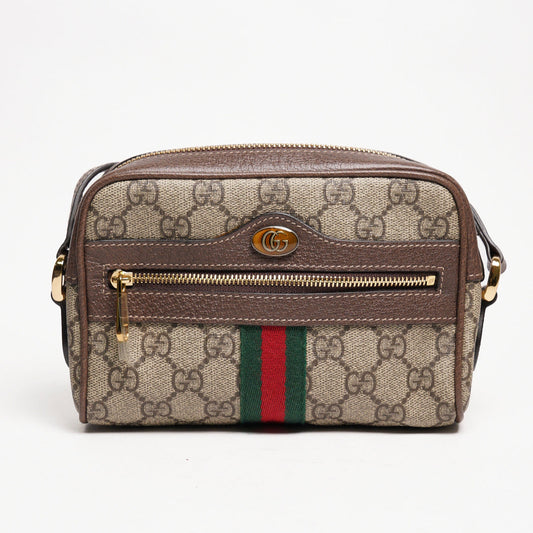 GUCCI Ophidia 琺瑯LOGO帆布紅綠條紋斜背包(棕)