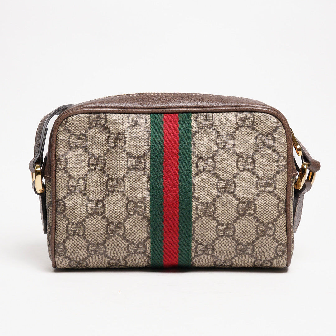 GUCCI Ophidia 琺瑯LOGO帆布紅綠條紋斜背包(棕)