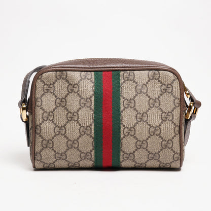 GUCCI Ophidia 琺瑯LOGO帆布紅綠條紋斜背包(棕)
