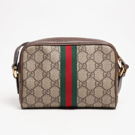GUCCI Ophidia 琺瑯LOGO帆布紅綠條紋斜背包(棕)