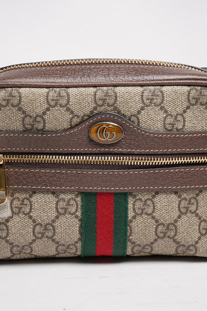 GUCCI Ophidia 琺瑯LOGO帆布紅綠條紋斜背包(棕)