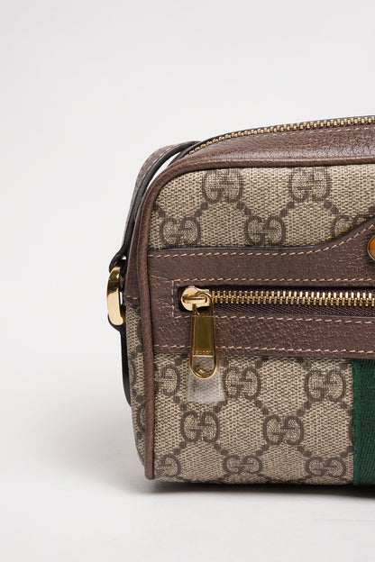 GUCCI Ophidia 琺瑯LOGO帆布紅綠條紋斜背包(棕)