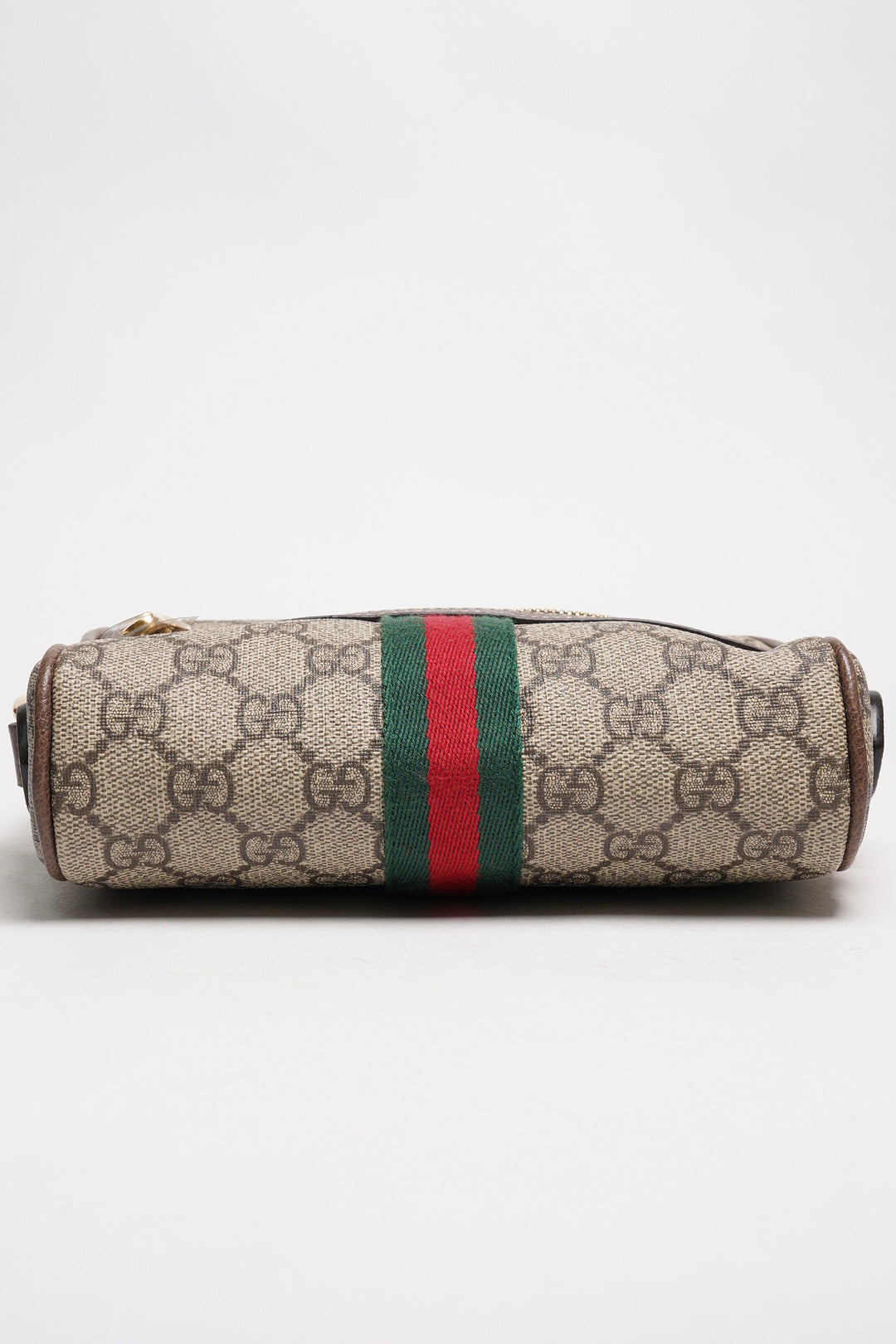 GUCCI Ophidia 琺瑯LOGO帆布紅綠條紋斜背包(棕)