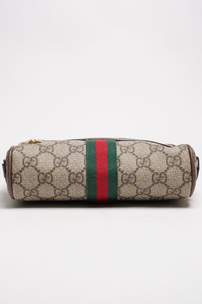 GUCCI Ophidia 琺瑯LOGO帆布紅綠條紋斜背包(棕)