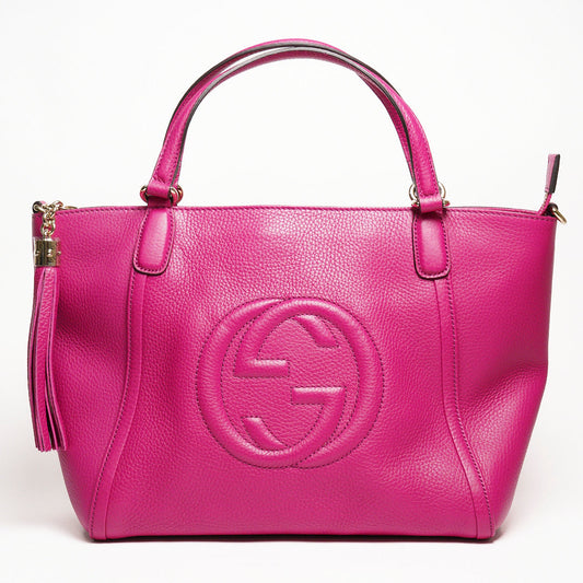 GUCCI 桃紅色Soho牛皮大logo壓紋手提斜背二用包