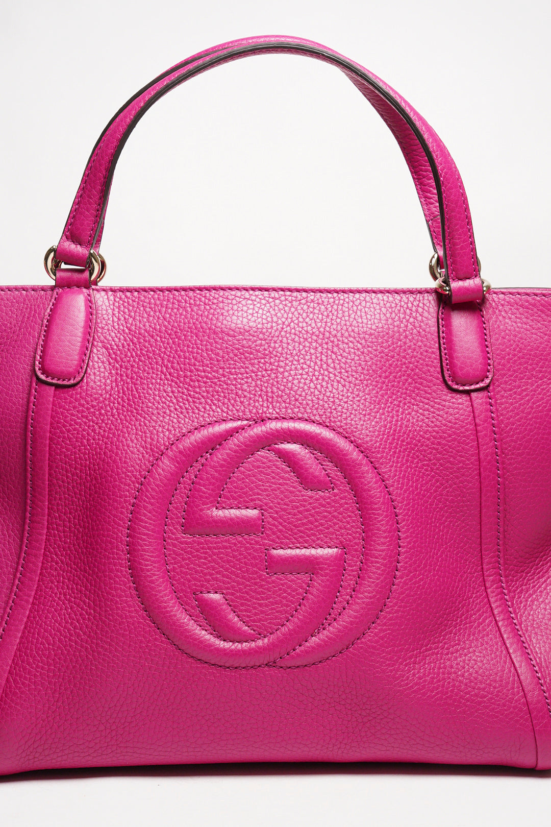 GUCCI 桃紅色Soho牛皮大logo壓紋手提斜背二用包
