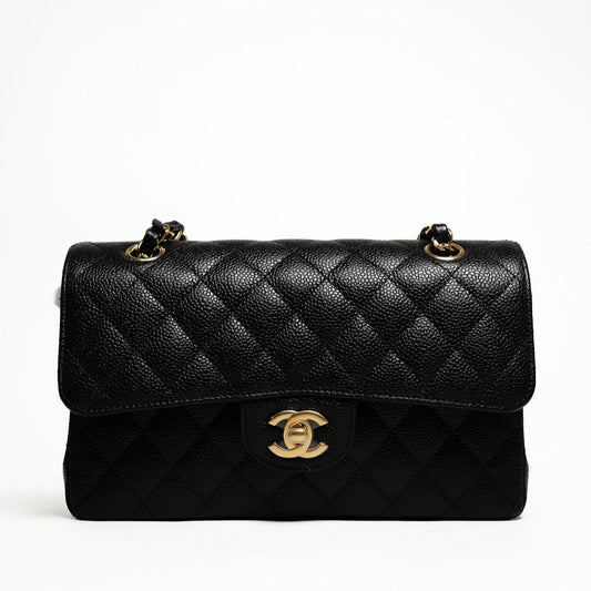 Chanel 經典款荔枝皮CF 23cm 黑色金鍊